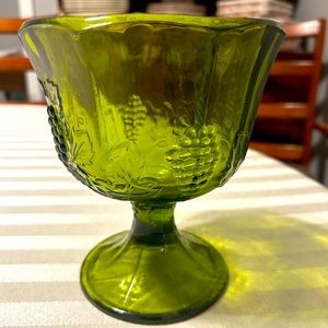 Vintage Indiana Glass Olive Green Footed Compote Bowl w/ Grape Pattern